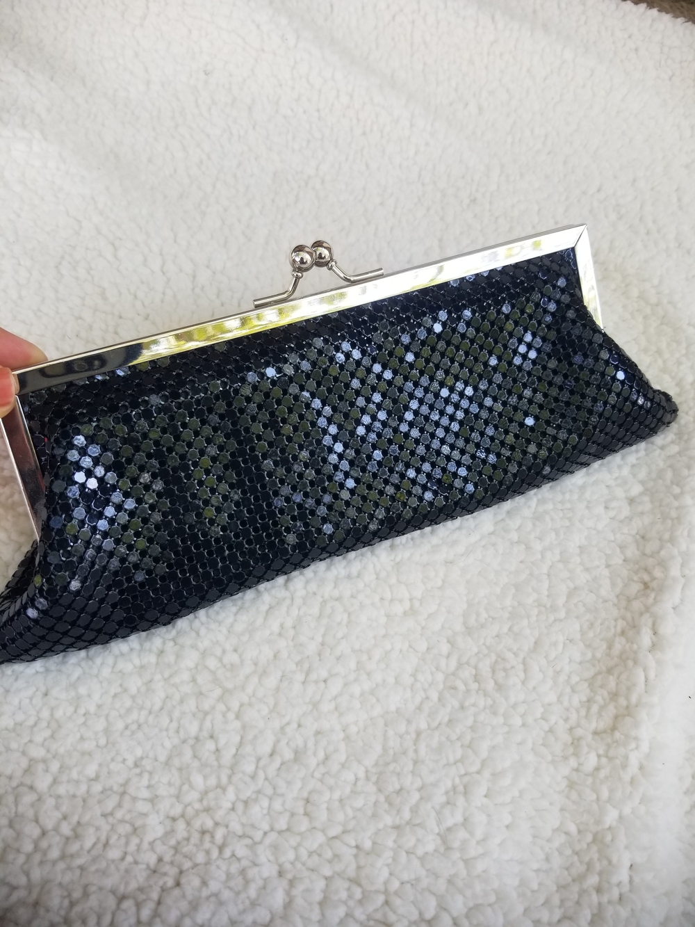 Vintage Black Sequin Silver Frame Purse with Detachable Chain